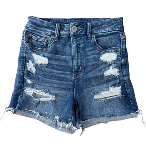 AMERICAN EAGLE Ripped Curvy Hi-Rise Shortie Ne(x)t Level Stretch Jean Shorts